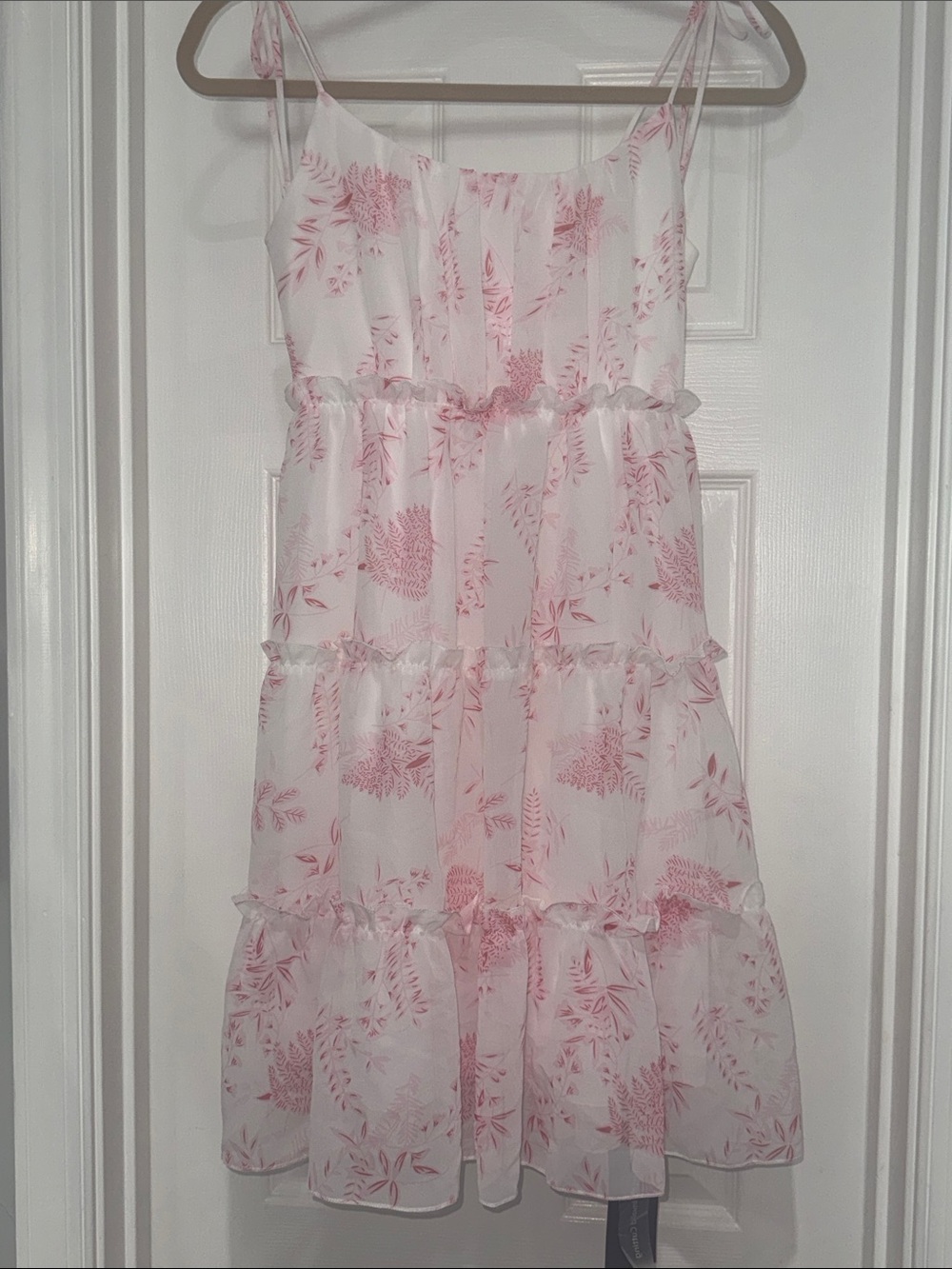 White & Pink Floral Tiered Spaghetti Strap Dress